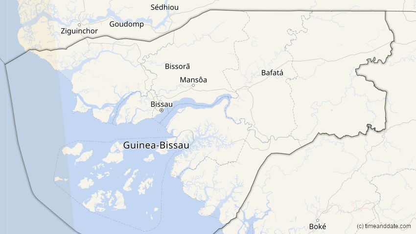 A map of Guinea-Bissau, showing the path of the Oct 14, 2023 Annular Solar Eclipse