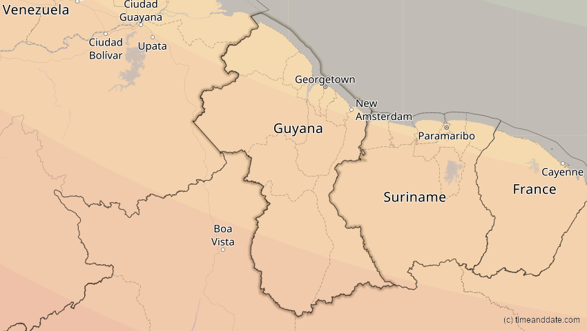 A map of Guyana, showing the path of the Oct 14, 2023 Annular Solar Eclipse