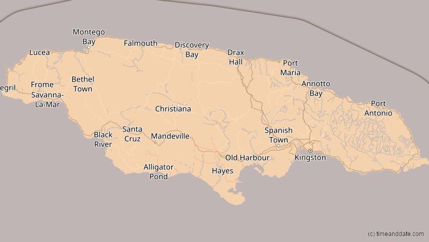 A map of Jamaica, showing the path of the Oct 14, 2023 Annular Solar Eclipse