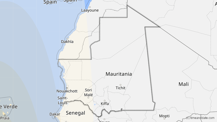 A map of Mauritania, showing the path of the Oct 14, 2023 Annular Solar Eclipse