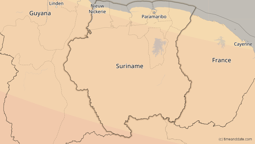 A map of Suriname, showing the path of the Oct 14, 2023 Annular Solar Eclipse
