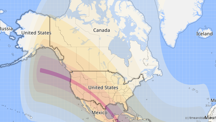 A map of United States, showing the path of the Oct 14, 2023 Annular Solar Eclipse