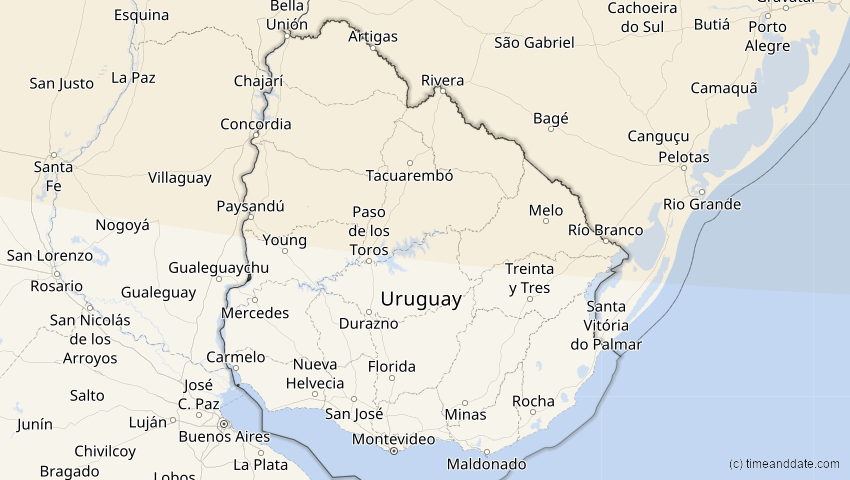 A map of Uruguay, showing the path of the Oct 14, 2023 Annular Solar Eclipse