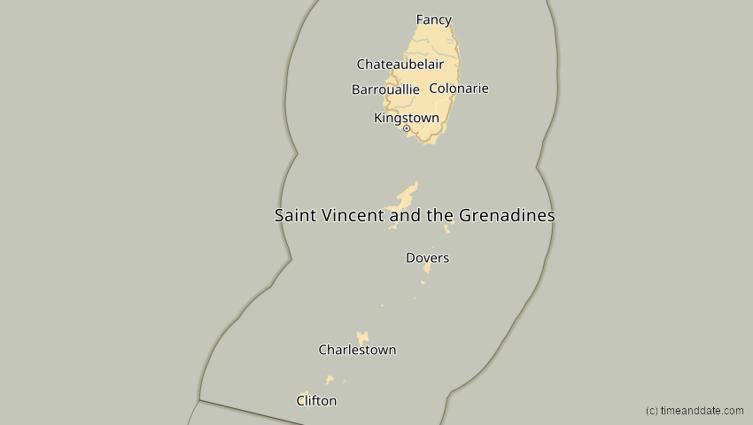 A map of Saint Vincent and the Grenadines, showing the path of the Oct 14, 2023 Annular Solar Eclipse