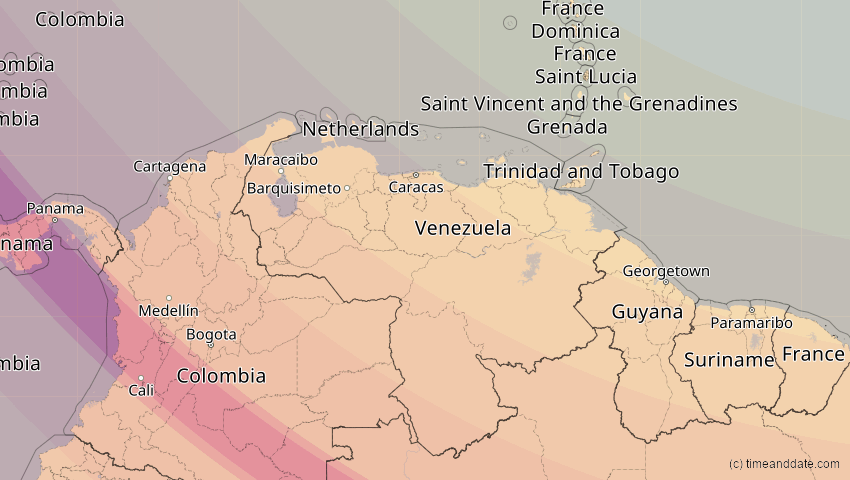 A map of Venezuela, showing the path of the Oct 14, 2023 Annular Solar Eclipse
