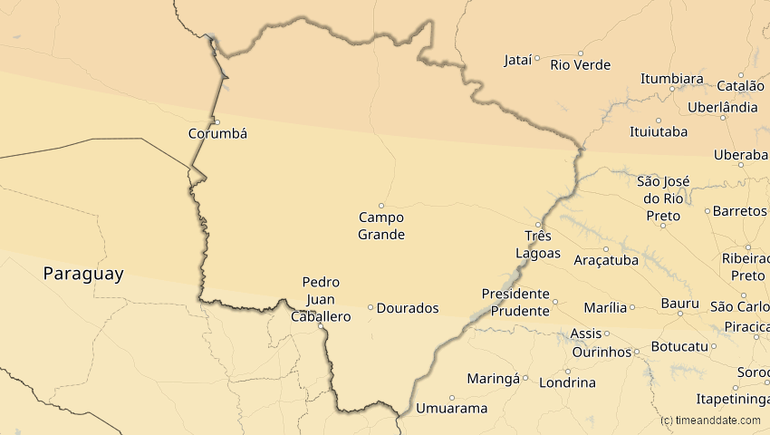 A map of Mato Grosso Do Sul, Brazil, showing the path of the Oct 14, 2023 Annular Solar Eclipse