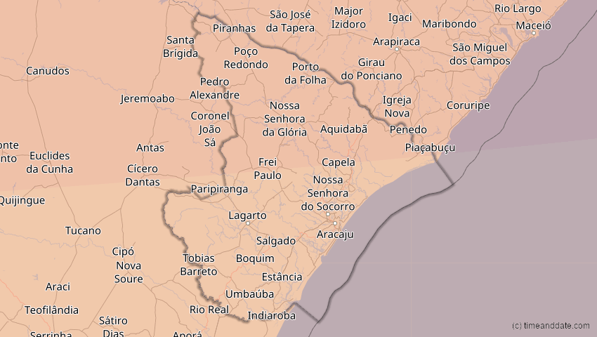 A map of Sergipe, Brazil, showing the path of the Oct 14, 2023 Annular Solar Eclipse