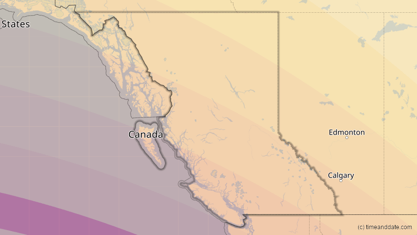 A map of British Columbia, Canada, showing the path of the Oct 14, 2023 Annular Solar Eclipse