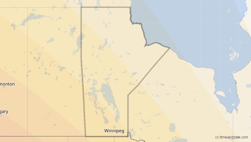 A map of Manitoba, Kanada, showing the path of the 14. Okt 2023 Ringförmige Sonnenfinsternis