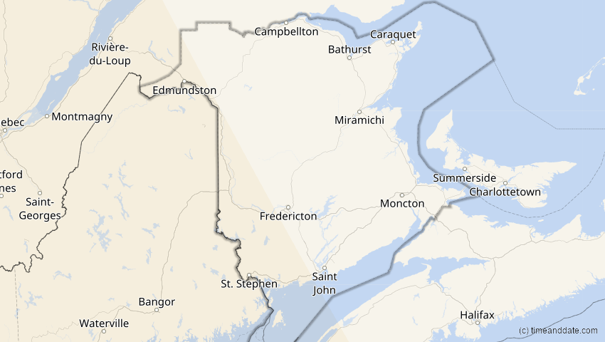 A map of New Brunswick, Canada, showing the path of the Oct 14, 2023 Annular Solar Eclipse