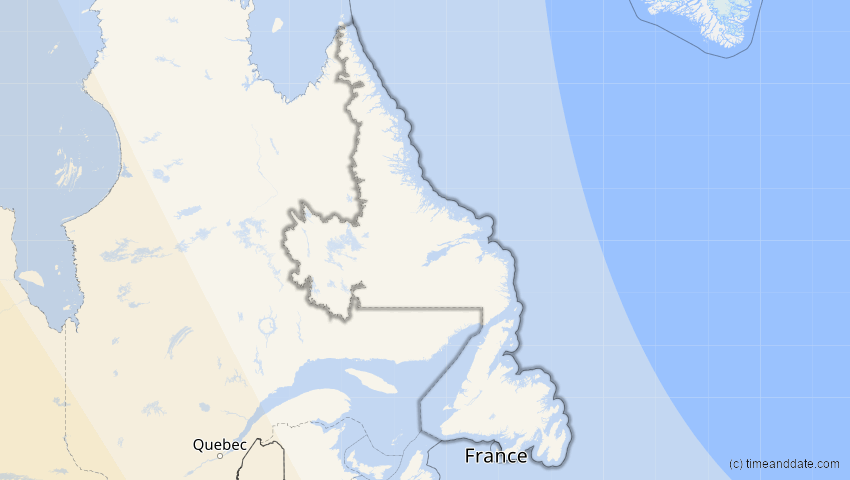 A map of Newfoundland and Labrador, Canada, showing the path of the Oct 14, 2023 Annular Solar Eclipse
