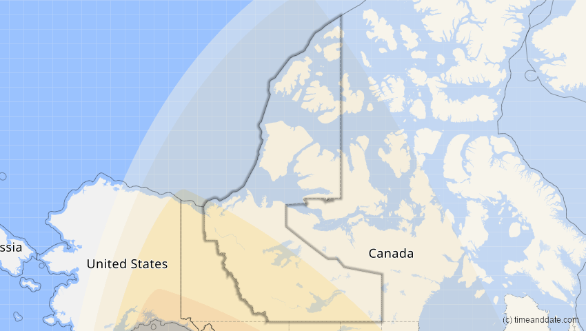 A map of Northwest Territories, Canada, showing the path of the Oct 14, 2023 Annular Solar Eclipse