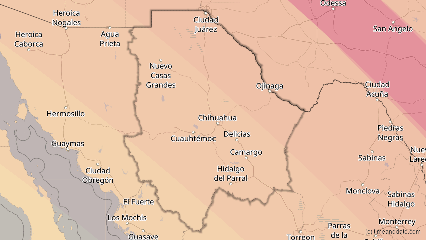 A map of Chihuahua, Mexico, showing the path of the Oct 14, 2023 Annular Solar Eclipse