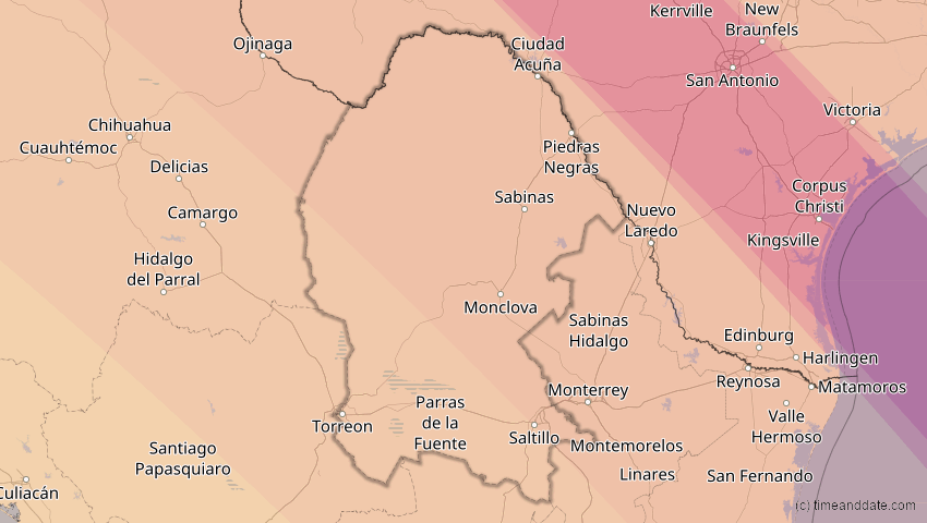 A map of Coahuila de Zaragoza, Mexico, showing the path of the Oct 14, 2023 Annular Solar Eclipse