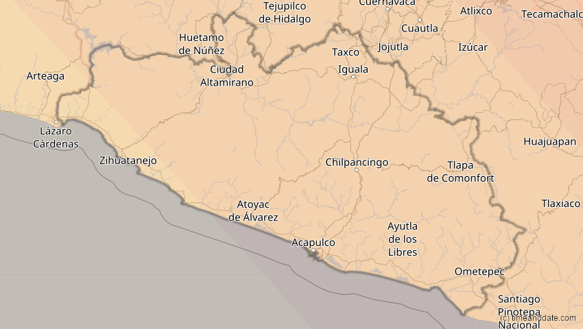A map of Guerrero, Mexico, showing the path of the Oct 14, 2023 Annular Solar Eclipse