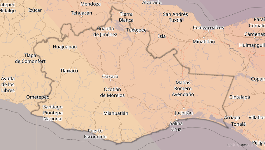 A map of Oaxaca, Mexico, showing the path of the Oct 14, 2023 Annular Solar Eclipse
