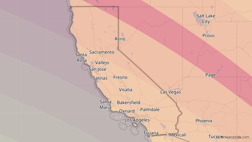 A map of California, United States, showing the path of the Oct 14, 2023 Annular Solar Eclipse