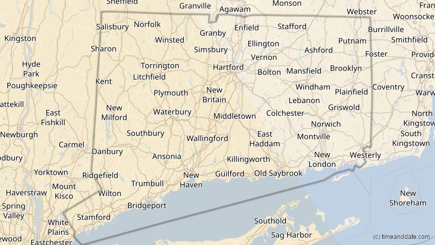 A map of Connecticut, United States, showing the path of the Oct 14, 2023 Annular Solar Eclipse