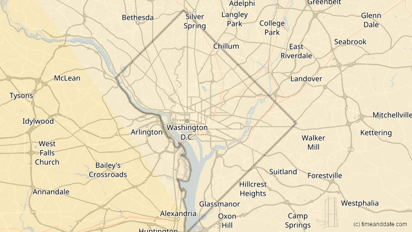 A map of District of Columbia, United States, showing the path of the Oct 14, 2023 Annular Solar Eclipse