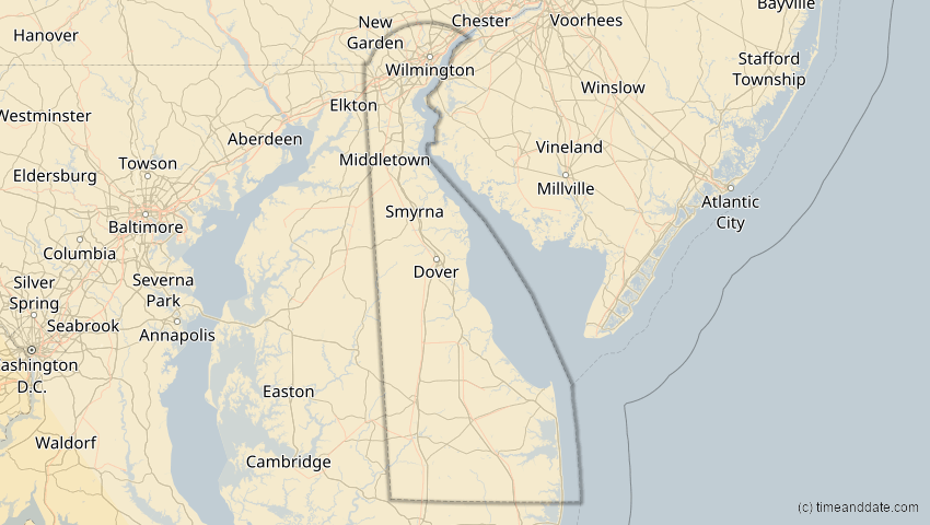 A map of Delaware, United States, showing the path of the Oct 14, 2023 Annular Solar Eclipse