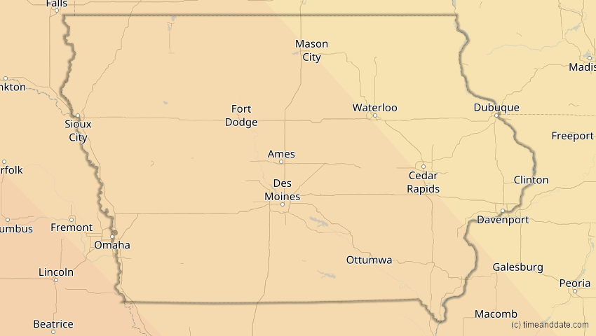 A map of Iowa, United States, showing the path of the Oct 14, 2023 Annular Solar Eclipse