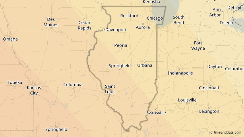 A map of Illinois, United States, showing the path of the Oct 14, 2023 Annular Solar Eclipse