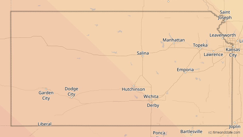 A map of Kansas, United States, showing the path of the Oct 14, 2023 Annular Solar Eclipse