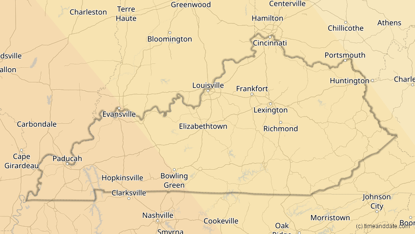 A map of Kentucky, United States, showing the path of the Oct 14, 2023 Annular Solar Eclipse