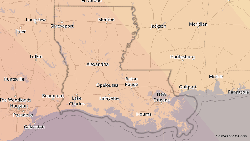 A map of Louisiana, United States, showing the path of the Oct 14, 2023 Annular Solar Eclipse