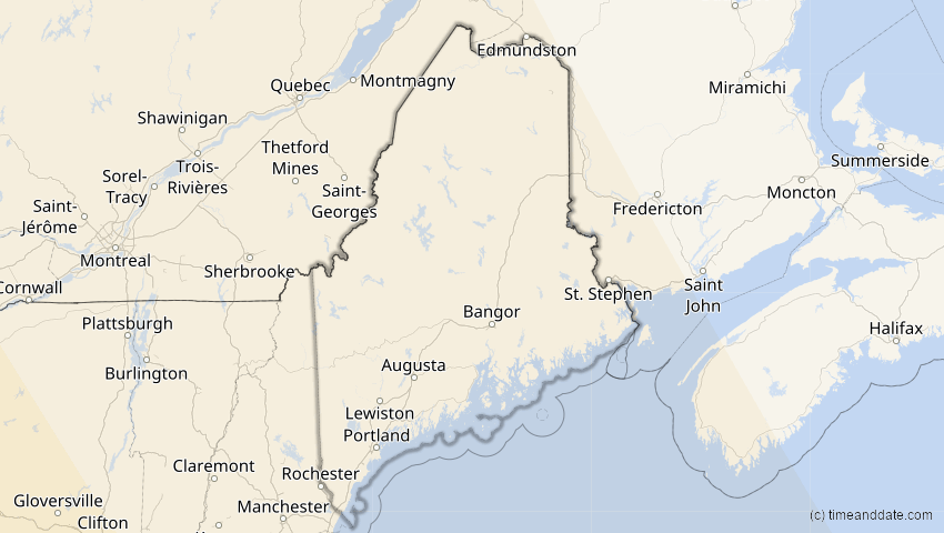 A map of Maine, United States, showing the path of the Oct 14, 2023 Annular Solar Eclipse