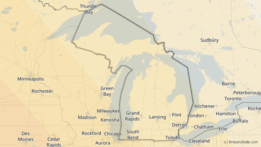 A map of Michigan, United States, showing the path of the Oct 14, 2023 Annular Solar Eclipse