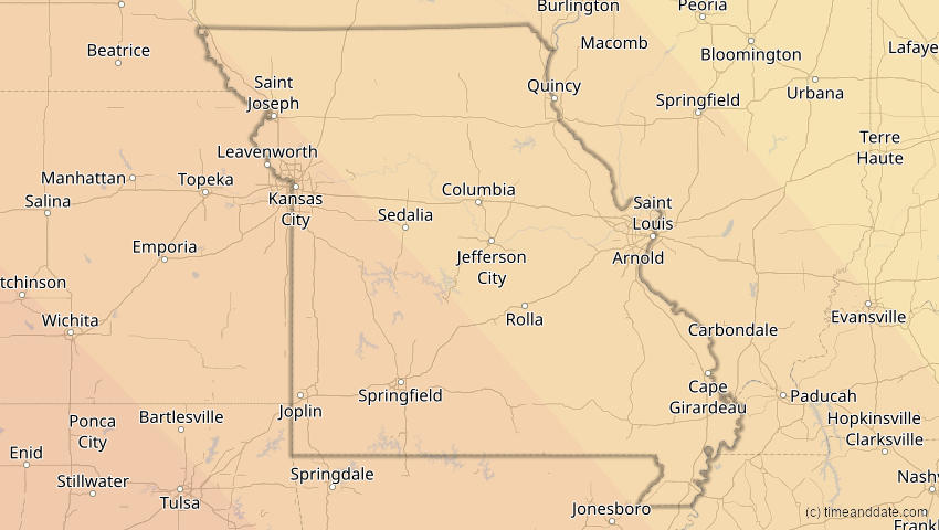 A map of Missouri, United States, showing the path of the Oct 14, 2023 Annular Solar Eclipse