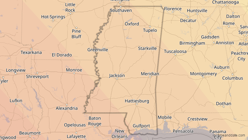 A map of Mississippi, United States, showing the path of the Oct 14, 2023 Annular Solar Eclipse