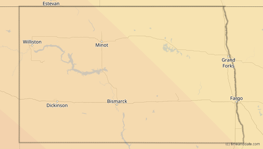 A map of North Dakota, United States, showing the path of the Oct 14, 2023 Annular Solar Eclipse