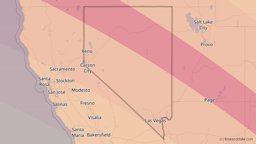 A map of Nevada, United States, showing the path of the Oct 14, 2023 Annular Solar Eclipse
