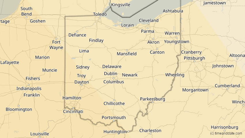 A map of Ohio, United States, showing the path of the Oct 14, 2023 Annular Solar Eclipse