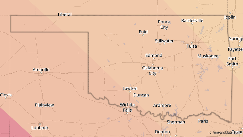 A map of Oklahoma, United States, showing the path of the Oct 14, 2023 Annular Solar Eclipse