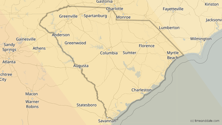 A map of South Carolina, United States, showing the path of the Oct 14, 2023 Annular Solar Eclipse