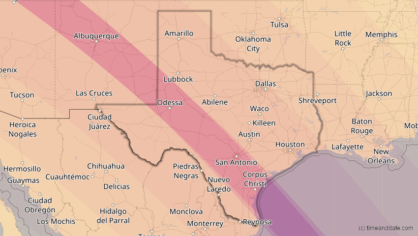 A map of Texas, United States, showing the path of the Oct 14, 2023 Annular Solar Eclipse