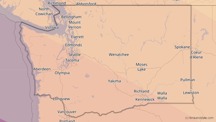 A map of Washington, United States, showing the path of the Oct 14, 2023 Annular Solar Eclipse
