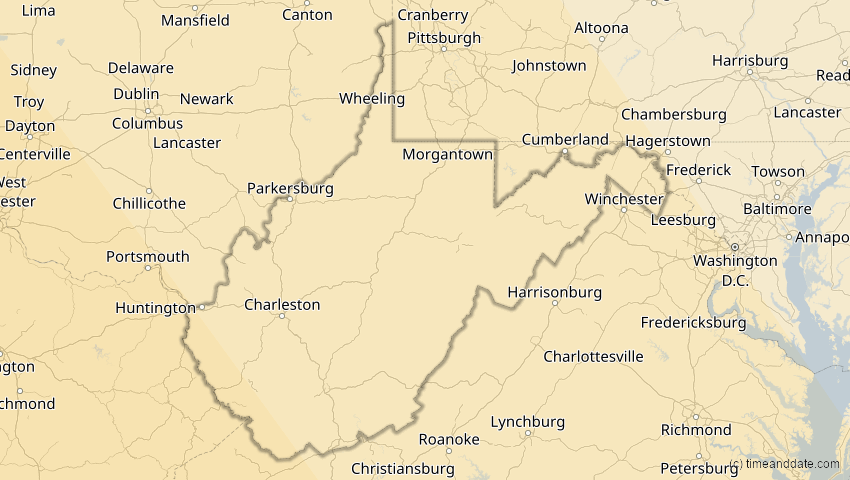 A map of West Virginia, United States, showing the path of the Oct 14, 2023 Annular Solar Eclipse