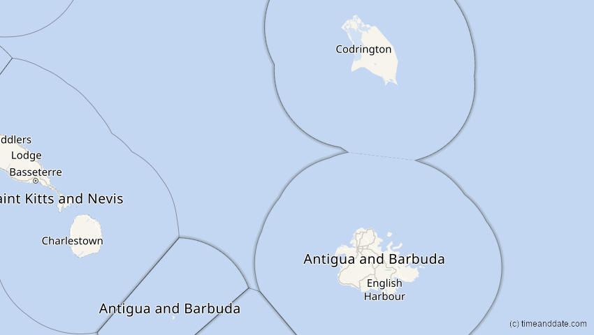 A map of Antigua und Barbuda, showing the path of the 8. Apr 2024 Totale Sonnenfinsternis
