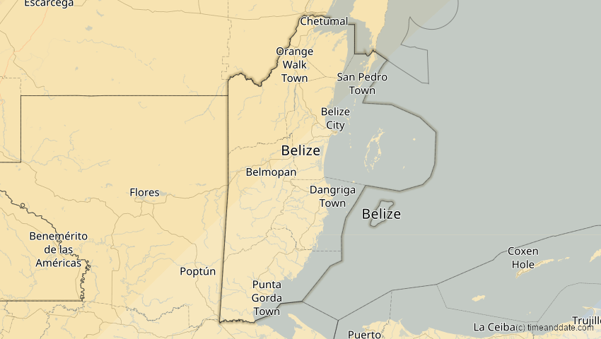 A map of Belize, showing the path of the 8. Apr 2024 Totale Sonnenfinsternis