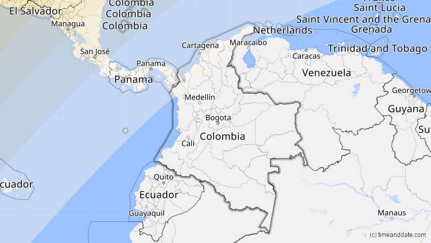 A map of Colombia, showing the path of the Apr 8, 2024 Total Solar Eclipse