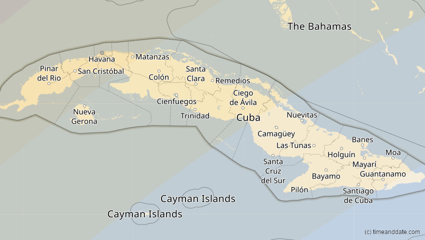 A map of Cuba, showing the path of the Apr 8, 2024 Total Solar Eclipse