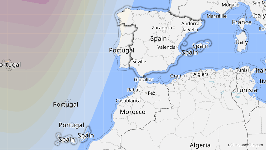 A map of Spanien, showing the path of the 8. Apr 2024 Totale Sonnenfinsternis