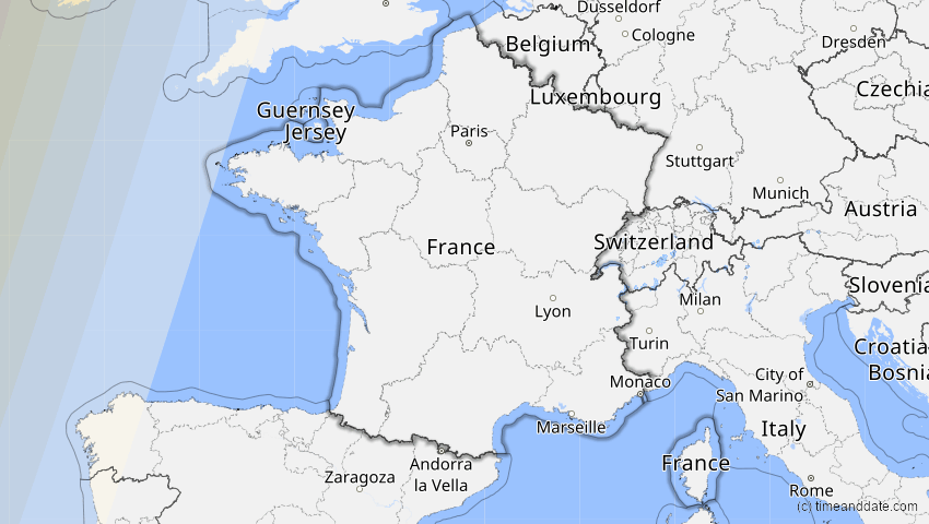 A map of Frankreich, showing the path of the 8. Apr 2024 Totale Sonnenfinsternis