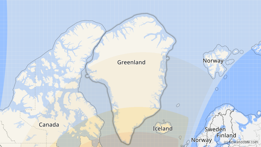 A map of Greenland, showing the path of the Apr 8, 2024 Total Solar Eclipse