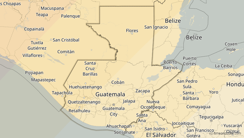 A map of Guatemala, showing the path of the 8. Apr 2024 Totale Sonnenfinsternis
