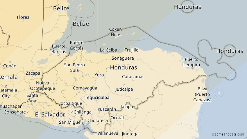 A map of Honduras, showing the path of the Apr 8, 2024 Total Solar Eclipse